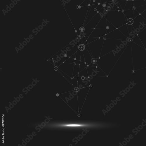 Abstract technology structure. Dark network background with connecting circle and lines