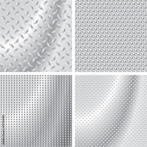 3d vector illustration. Collection of steel textures. Four different metal textures. Abstract background of metallic carpet.
