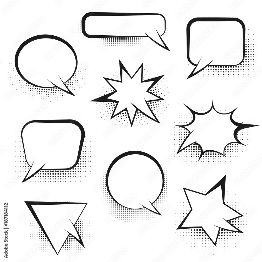 Big set of white empty retro comic speech bubbles with black halftone ...