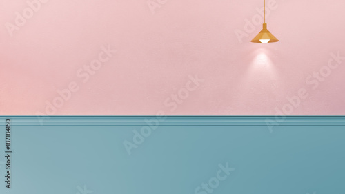 3d rendering illustration of pink candy color plaster wall with mint blue molding and panel, one hanging lamp. Directional light. Place for text