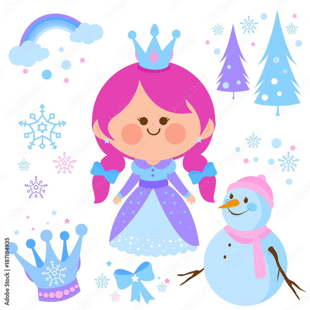 Beautiful snow princess and snowman. Winter vector illustration collection. Beautiful snow princess and snowman. Winter vector illustration collection.