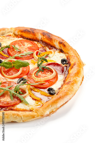 Pizza pepperoni with tomatoes and olives