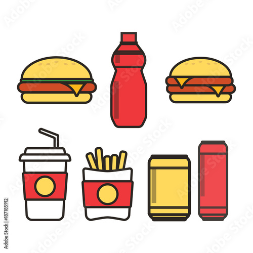 Fast food snacks and drinks flat vector icons. Fastfood icons. Snack bag vector food
