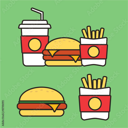Fast food snacks and drinks flat vector icons. Fastfood icons. Snack bag vector food