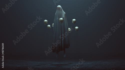 Ghost floating in air surrounded with skulls