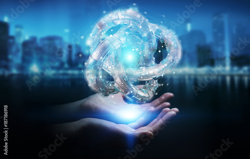 Businesswoman using futuristic torus textured object 3D rendering