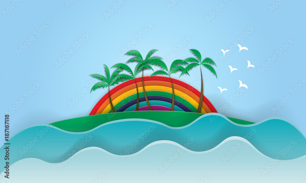 California Rainbow Wonderful Sunset Slogan summer surf and Palm Beach paper art vector