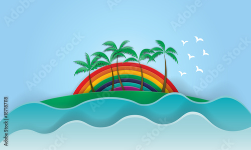 California Rainbow Wonderful Sunset Slogan summer surf and Palm Beach paper art vector