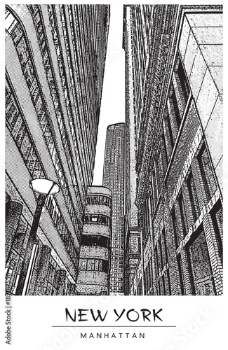 New York City, Manhattan. Narrow street in downtown, cityscape with famous skyscrapers. Vector illustration in engraving style. Black drawing isolated on white background.
Perspective view up. 