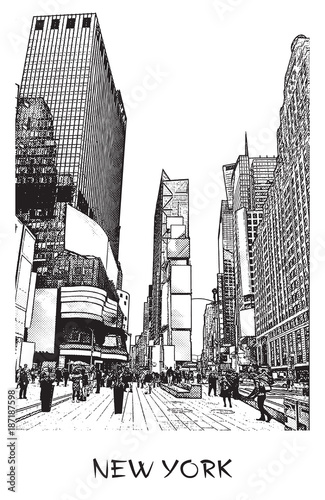 New York City, Times square. Vector drawing of a street in downtown in engraving style. Black and white illustration of cityscape of famous place.