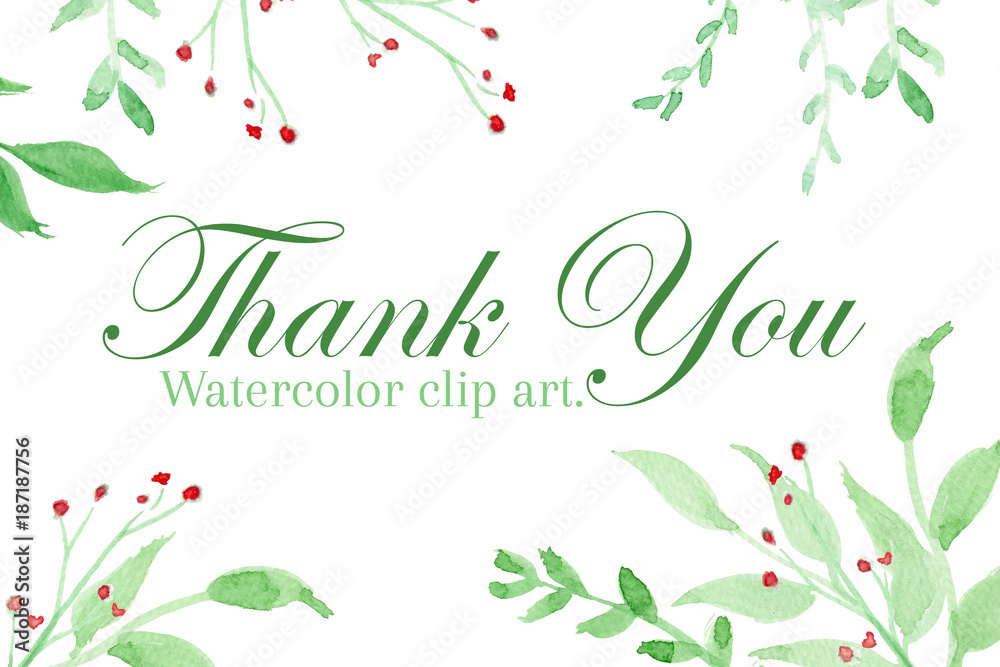 Green card for Thank you. Watercolor clip art with green leaf and thank