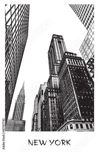 New York City. Vector drawing of a street in downtown in engraving style. Black and white illustration of of famous place. Perspective view up. 