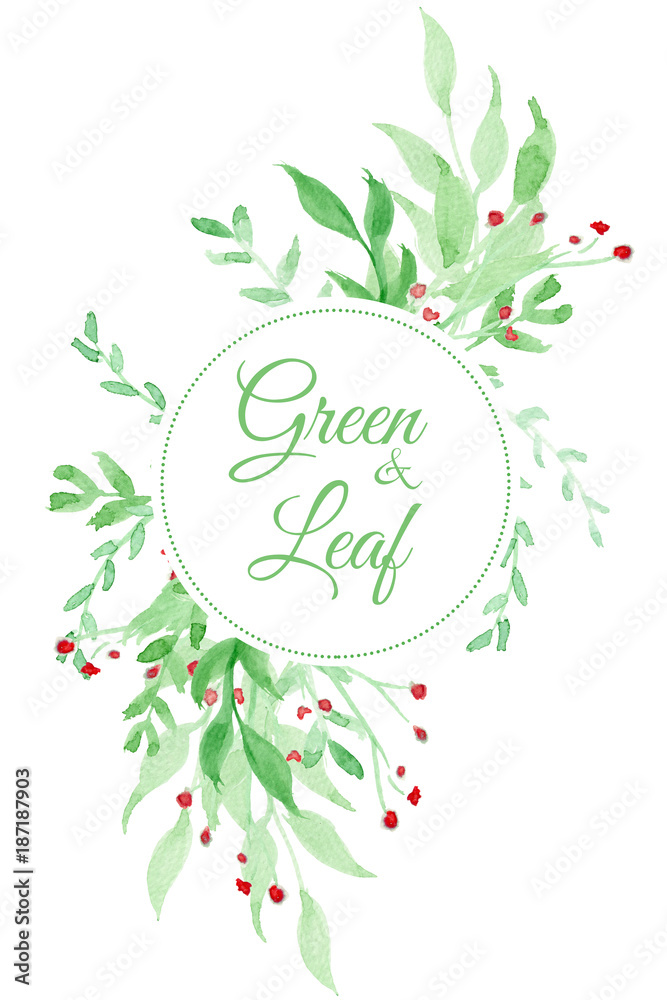 Green of wreath card. Watercolor clip art with green leaf. The image is illustion for card, frame, wedding card and anniversary.