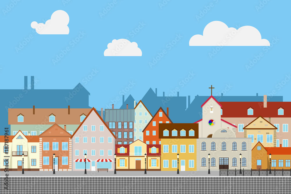 Naklejka premium Street old town with old houses. Ancient pavement. Urban city.
