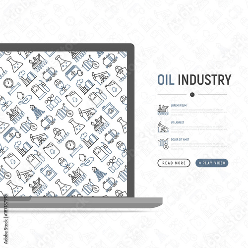 Oil industry concept with thin line icons  gas  petroleum  diesel   truck  tanker  ship  refinery  barrel. Modern vector illustration  web page template.