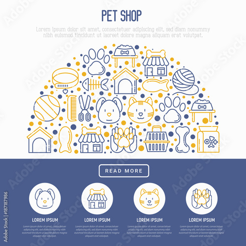 Pet shop concept in half circle with thin line icons: cat, dog, collar, kennel, grooming, food, toys. Modern vector illustration, web page template.