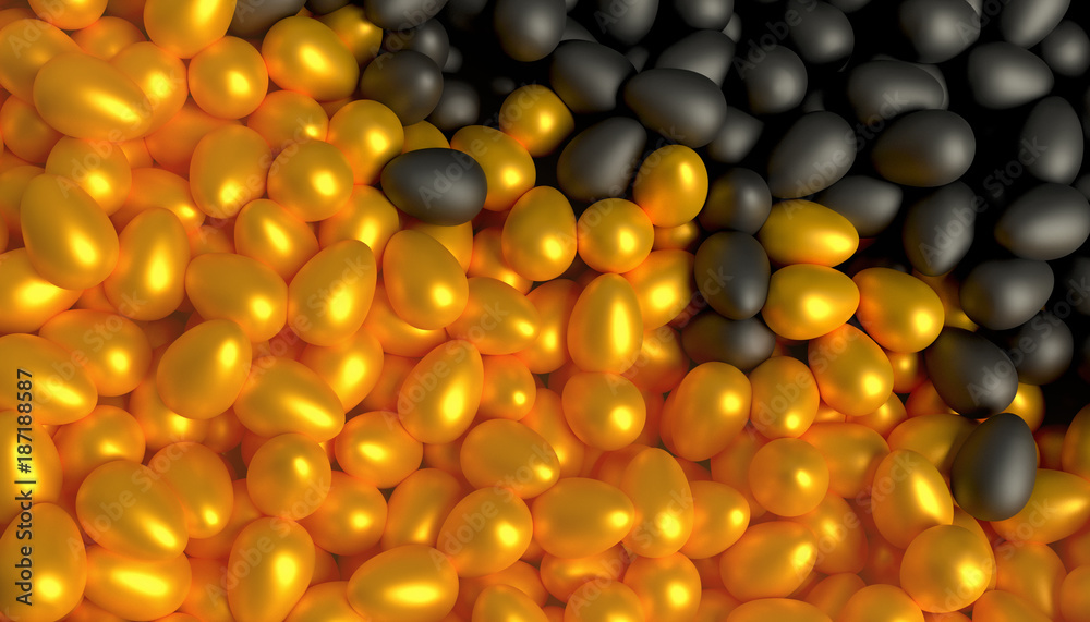 A lot of scattered black and gold eggs. 3d illustration A lot of scattered black and gold eggs. 3d illustration