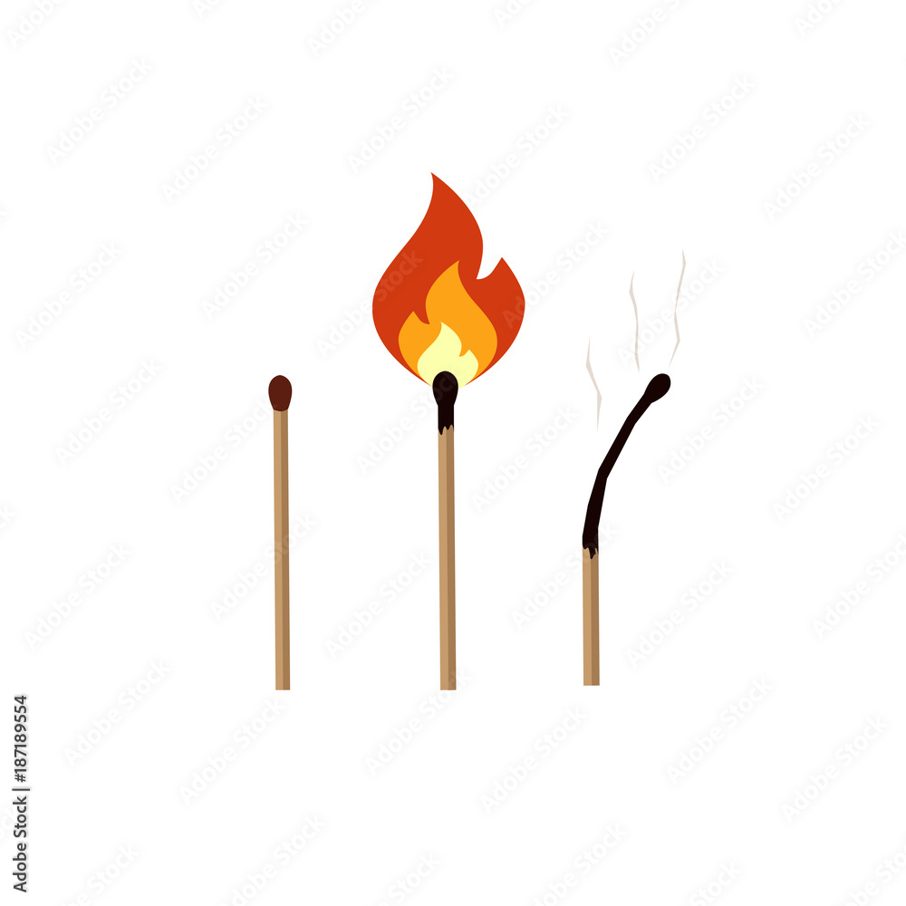 Matches, lighted match and burned match. Vector illustration. Matches, lighted match and burned match. Vector illustration.