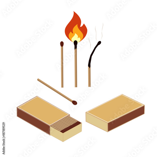 box of matches, matches, burning matches and a burnt match