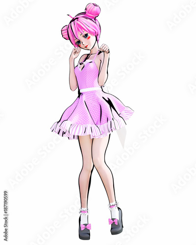 3D sexy anime doll girl big blue eyes and bright makeup. Cartoon, comics, sketch, drawing, manga illustration. Conceptual fashion art. Seductive candid pose.