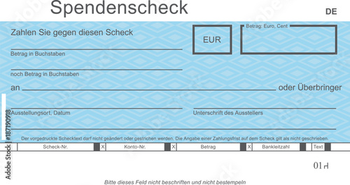 Vektor-Spendenscheck mit modernem Design. Original Spendenscheck - blanko blue. Blankoüberprüfung mit freiem Platz für Ihren Text.