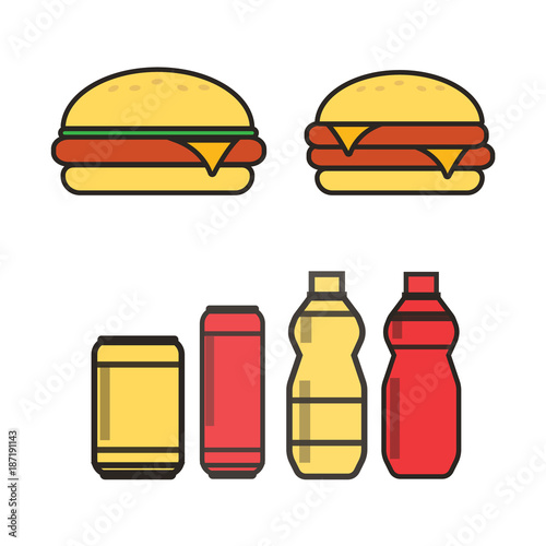 Fast food snacks and drinks flat vector icons. Fastfood icons. Snack bag vector food