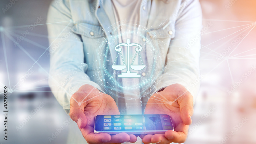 Justice balance icon on a futuristic interface Justice balance icon on a futuristic interface