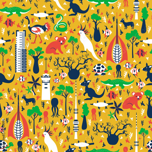 Seamless vector cartoon pattern, Australia landmark Telstra Tower, Perth bell tower, Old Windmill Brisbane, Eureka skyscraper, australian wild animals, travel background, decorative texture for design