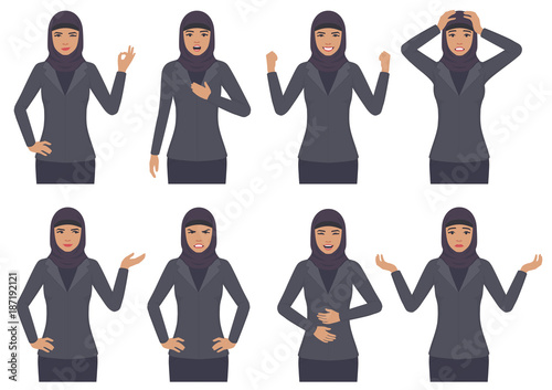  vector illustration of a arab woman character expressions with hands gesture, cartoon muslim businesswoman wit different emotion 