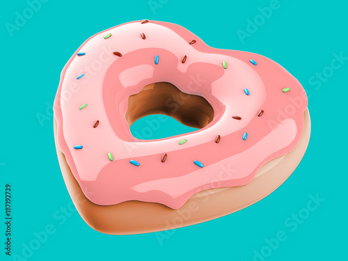 Illustration of pastel color 3d icing render donut with heart shape.Image for valentine's day greeting cards, partyposters,