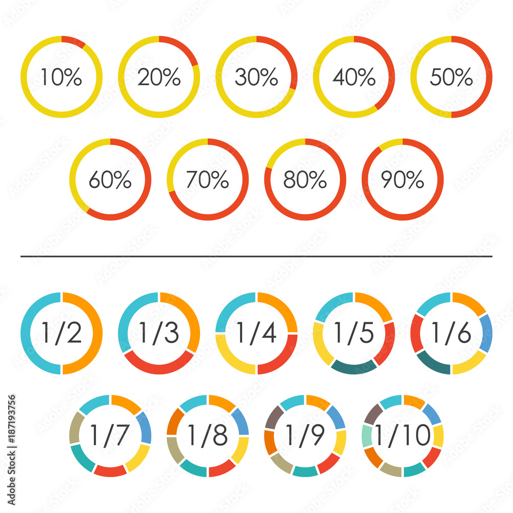 Circle Chart Set With Percentage And Pie Chart Set With 2 3 4 5 6 7 8 9 