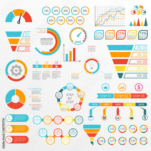 Infographics set with charts, graphs, funnel, arrows, diagram, gauge, speedometer. Circle chart with percentage and pie chart with segments. Vector illustration.
