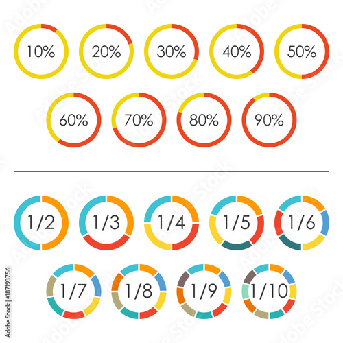 Circle chart set with percentage and pie chart set with 2,3,4,5,6,7,8,9,10 sections, parts or segments. Vector illustration.