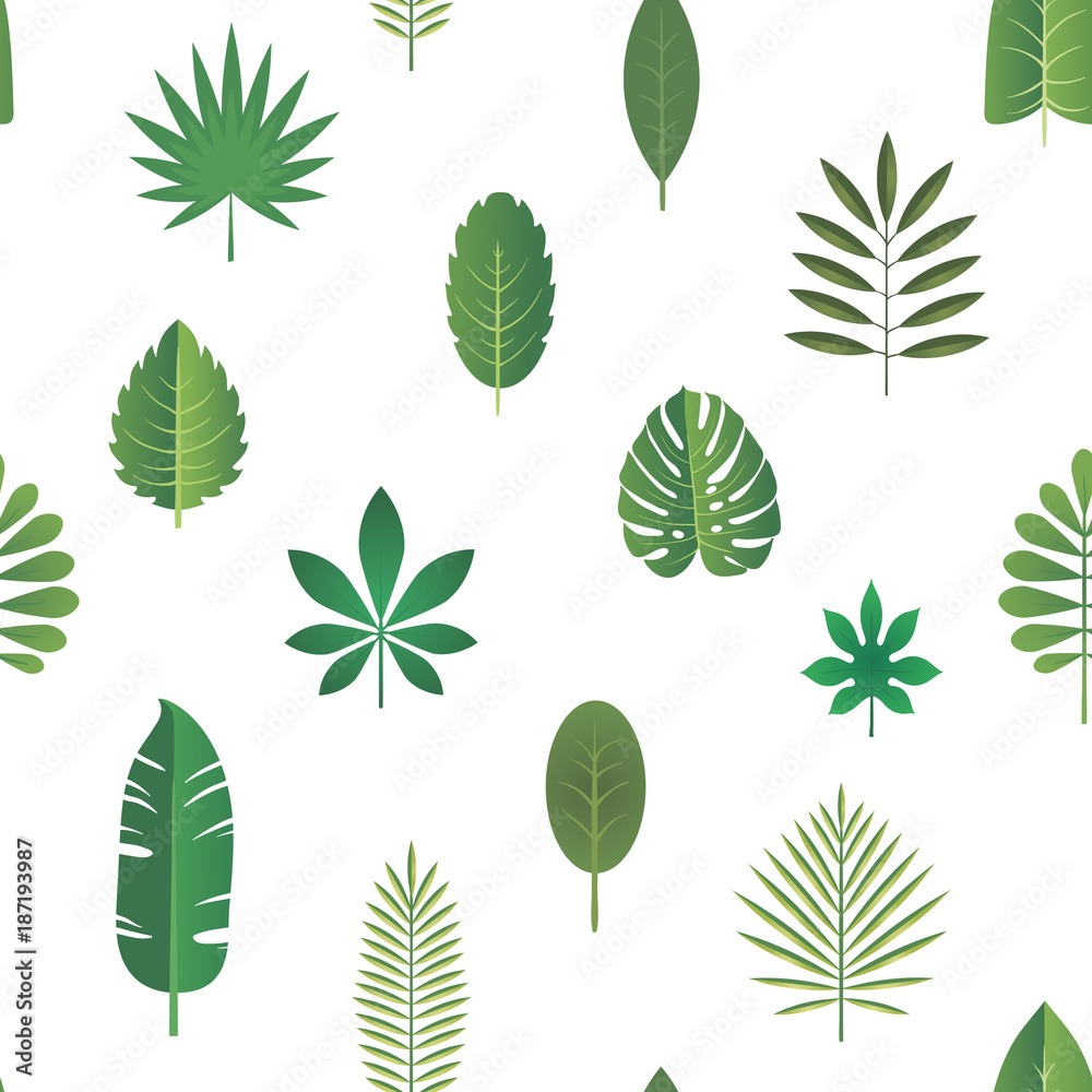 Fototapeta Green tropical leaves, vector seamless pattern background in flat style.