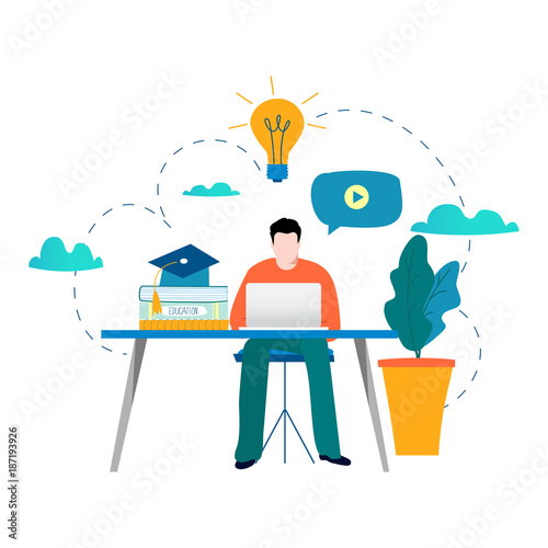Education, online training courses, distance education vector illustration. Internet studying, online book, tutorials, e-learning, online education design for mobile and web graphics