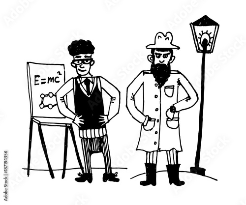 drawing set of comic pictures man - physicist with a flipchart and secretive man in a long raincoat near a lamppost sketch of a hand-drawn vector illustration