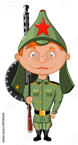 Смешной позитивный солдат в военной форме , векторная иллюстрация