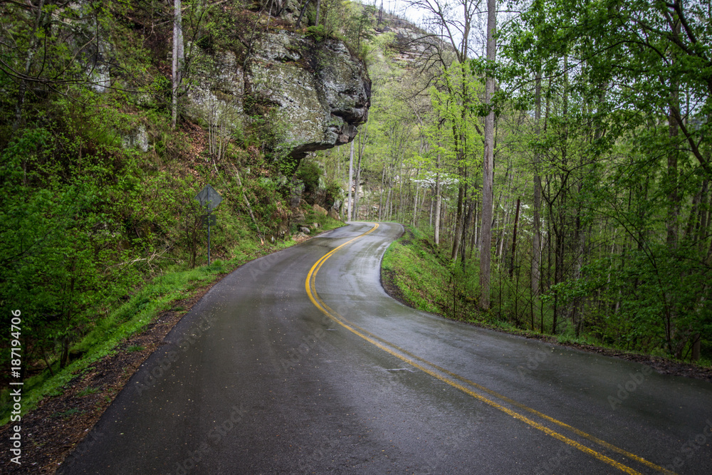 Driving In The Mountains. Narrow and winding Appalachian Mountain road