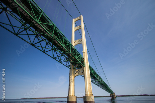 The Mackinac Bridge. Close up view of the center span of the Mackinaw Bridge in Michigan, The Mackinaw is one of the longest suspension bridges in the world and part of Interstate 75.