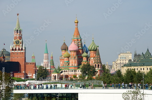Moscow, Russia - 12 September 2017: Landscape Park "Zaryadye" in Moscow, Russia. The views of St. Basil's Cathedral and tower of the Moscow Kremlin