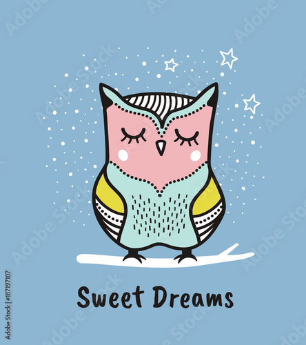 Cute hand drawn owl with quote. Sweet dreams. Greeting card
