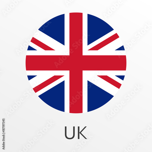 Flag of UK round icon or badge. United Kingdom and Great Britain circle button. British national symbol. Vector illustration.