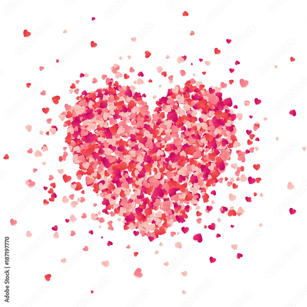 Valentines day red background with hearts. Love symbol. February 14. I love you. Be my valentine. Heart confetti.
