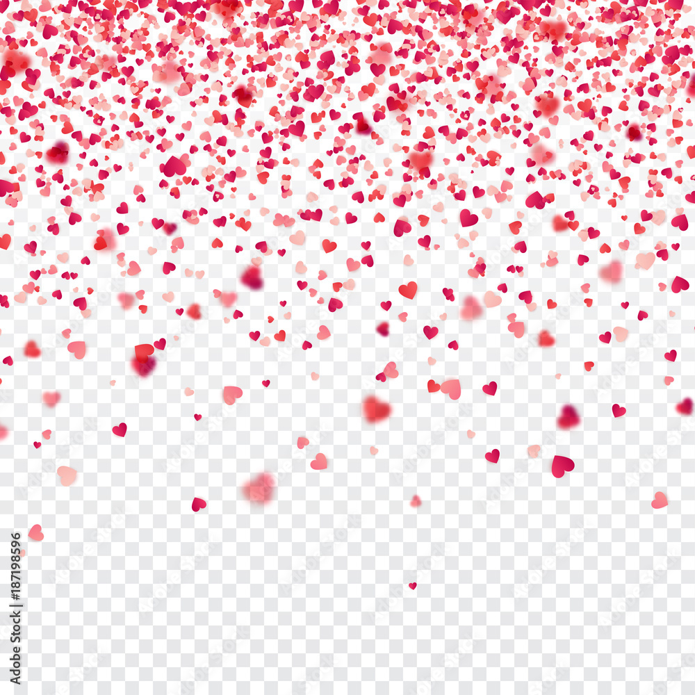 Valentines day red background with blurred hearts. Love symbol. February 14. I love you. Be my valentine. Transparent background. Heart confetti.