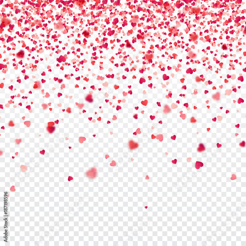 Valentines day red background with blurred hearts. Love symbol. February 14. I love you. Be my valentine. Transparent background. Heart confetti.
