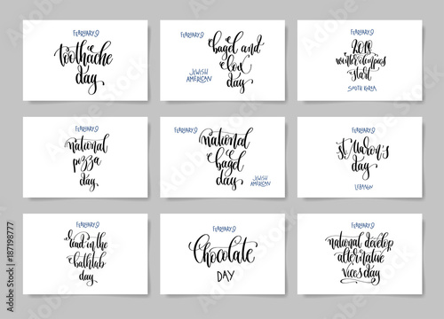 set of hand lettering posters about february 9 world winter holi
