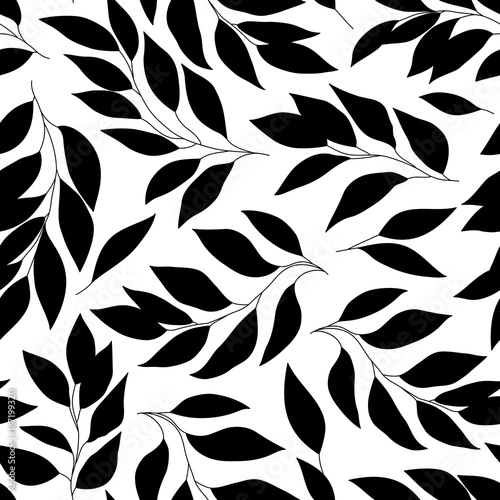 Fototapeta Czarny i biały bezszwowy wzór z liśćmi, wektorowy tło.