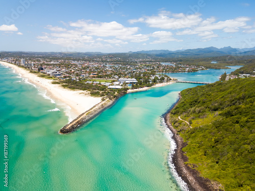 Tallebudgera creek and Burleigh Heads on the Gold Coast from an aerial perspective on a clear blue water day