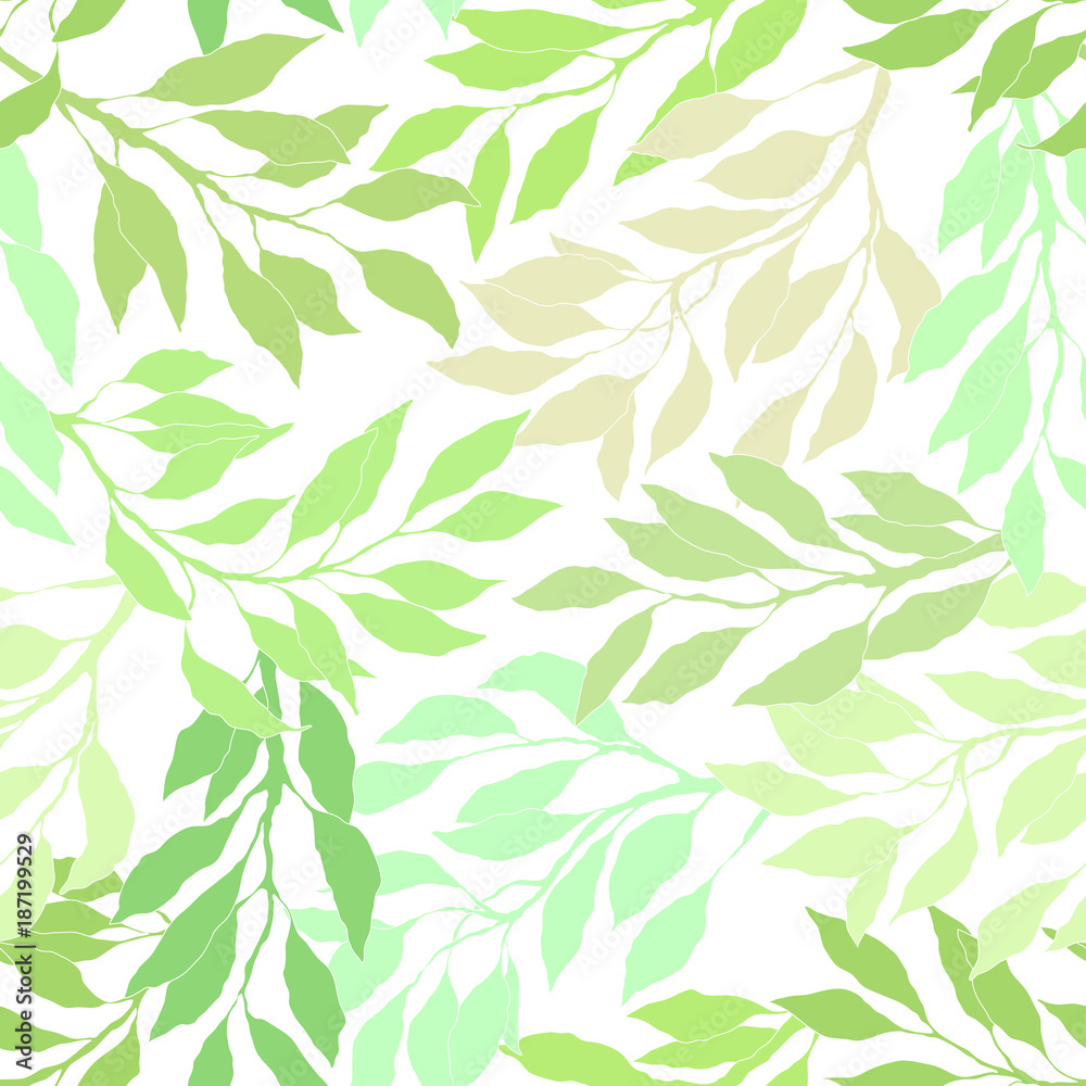 Seamless pattern green leaves and branches, foliage summer background. Vector illustration.