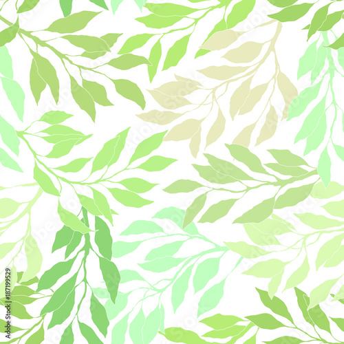 Seamless pattern green leaves and branches, foliage summer background. Vector illustration.